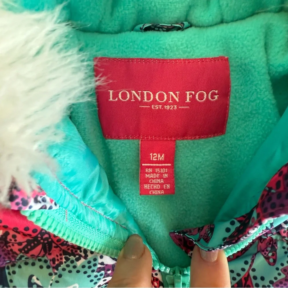 London fog pink floral toddler puffer coat with hood size 12M